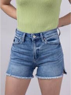 KanCan Distress Frayed Levy High Rise Medium Wash Denim Shorts Raw Hem Size 14